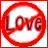 Four identical red circular prohibition symbols with the word 'Love' crossed out in dark red text, arranged in a on white backgrounds