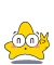 Yellow star-shaped character with large white eyes and pink cheeks, making a peace sign in two sequential poses against gray background.