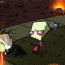 Animated sequence of two cartoon characters on a dark, rocky terrain with orange flames in the background.