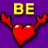 Pixelated red heart with two red claw-like arms, yellow text 'BE' and 'MINE', purple background, gray rectangle on right side.
