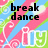 Pixelated image with pink, green, and blue diagonal stripes and white swirls, featuring black text reading "break dance" on the left and "not hearts" on the right.