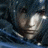 A pixelated static image shows a figure with light-colored hair against a dark blue background, featuring subtle gradient shading and scattered lighter pixels.
