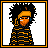 Pixel art character with afro hair, orange face, black-and-yellow striped hoodie, orange pants, and black shoes, with text reading YOU TOUCH THE FRO YOU GOTTA GO.