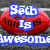 Red oval-shaped objects with black text, blue and white pixelated text overlays, and a gray background.