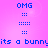 Pixelated blue text and dot patterns on a pink gradient background, with repeated 'OMG' at top and 'its a bunny' below.