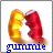 Two side-by-side pixelated images of a red and yellow gummy bear-shaped icon with blue text below each, showing slight animation changes in the bear's posture.