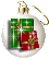 Three identical white spherical ornaments with gold caps and strings, each containing two wrapped gifts—one green with a gold bow, one red with a gold bow—set against a gray background.