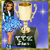 identical cartoon figures in blue polka-dot dresses holding golden trophies against a purple background with white text overlays