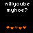 Pixelated text 'willyoube myhoe?' above orange and brown heart-shaped icons on black background, with two distinct animation states.