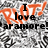 Pixelated image with orange flame-like shapes over gray and white background, displaying text fragments 'I love' and 'Riot!!!' in black block letters.