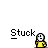A 4x4 contact sheet of a pixel art animation featuring a yellow stick figure character with white head and black eyes, performing various poses next to the text "Stuck" on a gray background.