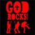 Red pixelated text and figures on black background: 'GOD' with a cross replacing the 'O', 'ROCKS' below, and three stylized human figures in motion.