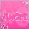 Pixelated pink icon with 'ANGEL' text, heart, and star motifs on a pink background.
