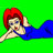 Pixelated cartoon character with red hair and blue dress lying on green background, one arm raised in a wave gesture.