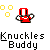 Pixelated red character with white accents and black outlines, holding a white object, surrounded by yellow circular shapes on gray background.
