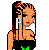 Pixel art character with braided hair in black outfit featuring green and white symbols, standing against white background with pink text below.