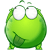 Green cartoon character with large white eyes and a small leaf-shaped mark on its chest, shown in two side-by-side poses against gray background.