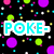 Pixelated text "POKE-A- DOTZ. RULE!!" on black background with colorful dots and squares, animated with shifting dot positions.