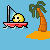 Pixel art of a yellow spherical character with black eyes on a red boat, next to an orange palm tree on a sandy island against light blue background.