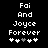 Pixelated text 'Fai And Joyce Forever' above four heart symbols on black background, with one heart changing color between frames.