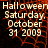 Halloween-themed digital text display with date information on a dark background featuring red web-like patterns.