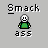 Pixel art character with white hair and green shirt under "Smack" text, displaying multiple poses including arm movement.