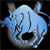 Pixelated blue cartoon bull head icon with black eyes and horns on a dark background, appearing as a static single-frame image.