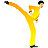 Pixelated figure in yellow outfit performing high kick against gray background, black shoes, dark hair, orange and yellow gradient limbs.