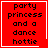 Red square icon with black pixelated text reading 'party princess and a dance hottie' on solid red background, four variations show different corner symbols.