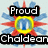 Pixelated icon with 'Proud' and 'Chaldean' text above and below a central rainbow-colored play button symbol surrounded by red and blue radial bursts.
