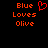 Red pixelated text 'Blue Loves Olive' with a red heart symbol on black background, displayed in two identical side-by-side