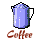Pixelated image of a blue coffee pot and cup with brown text reading 'Coffee' and 'Mama' on white background.