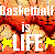 Pixelated image with bold white text 'Basketball is LIFE' over a fiery orange-red background, flanked by two yellow stars.