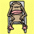 Pixelated monkey in wheelchair with pink hands, alternating between open and closed mouth poses on yellow background.