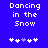 Blue background with white pixelated text "Dancing in the Snow" and five snowflake icons below, where one snowflake changes color between frames.