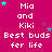 Magenta background with repeated text 'Mia and Kiki Best buds for life' and scattered cyan and purple stars.