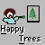 Pixelated character with brown afro and light blue shirt aims green-tipped object at framed green tree on gray background, below 'Happy Trees' text.