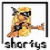 Pixelated cartoon character with blonde hair and sunglasses in a black frame, next to bold text reading "Can I Be R Shorty" on white background.