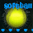 Pixelated icon with blue text 'SOFTball' above a large yellow sphere on dark background, four small blue squares below.