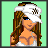 Pixelated character with long brown hair wearing white visor and top, holding white bag, standing against light green background.