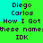 Pixelated text displays names and phrases on a green background with cyan sections, showing repeated patterns of 'Diego Carlos', 'How I Got These Names', and 'IDK' in dark purple.