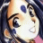 A pixelated anime-style character face with a blue forehead marking and dark hair, next to stylized text on a black background in a 2x1 contact sheet layout.