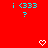 Red background with cyan pixelated text and question marks above two white pixelated hearts at the bottom.