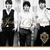 A static pixelated image shows a group of stylized figures in formal attire against a light background, with one figure holding a circular object.