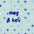 Pixelated blue text reading 'meg & kev' on a light pastel background with scattered small squares.