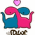 Two pixelated elephants in pink and blue embrace beneath a purple heart, with stylized text below them.