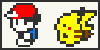 Pixel art of two characters: a figure with red cap and blue shoulder strap, and a yellow creature with red cheek and brown stripes.