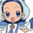 Pixelated anime-style character with light blue hair and blue eyes, wearing a blue and white outfit with a brown circular emblem on the chest, against a gray background.