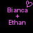 Pixelated pink text and symbols on black background, two identical side-by-side configurations with 'Bianca' above '+' above 'Ethan', one configuration has a heart symbol above 'Bianca'.
