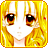 Pixelated anime-style close-up of a character's face with yellow hair and brown eyes, framed by an orange border on a gray background.